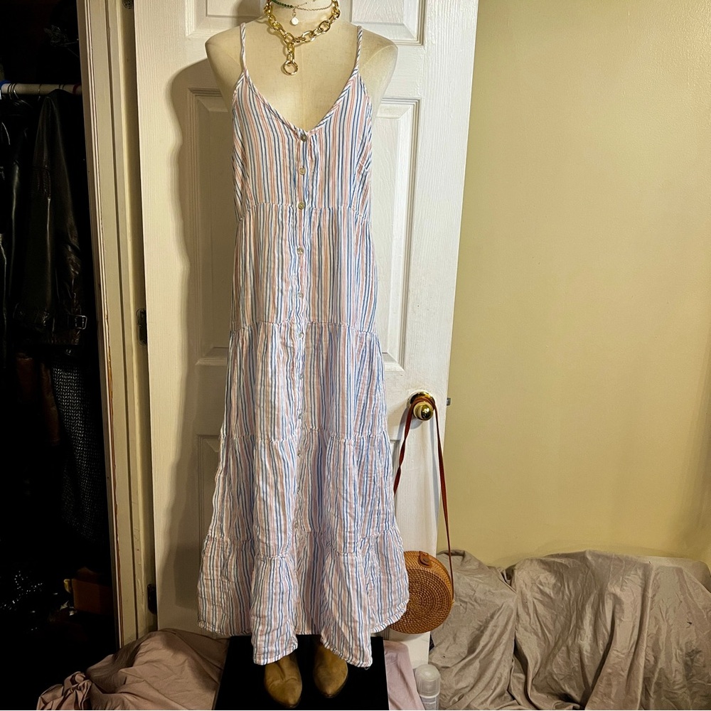 New Women’s Pinstriped 100% Cotton Tiered Gauzy Prairie Festival Maxi Dress M - Picture 2 of 9